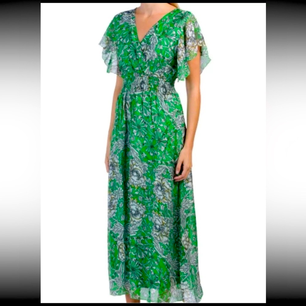 Le Ragazze Green V-Neck Floral Silk Blend Maxi Dress Small